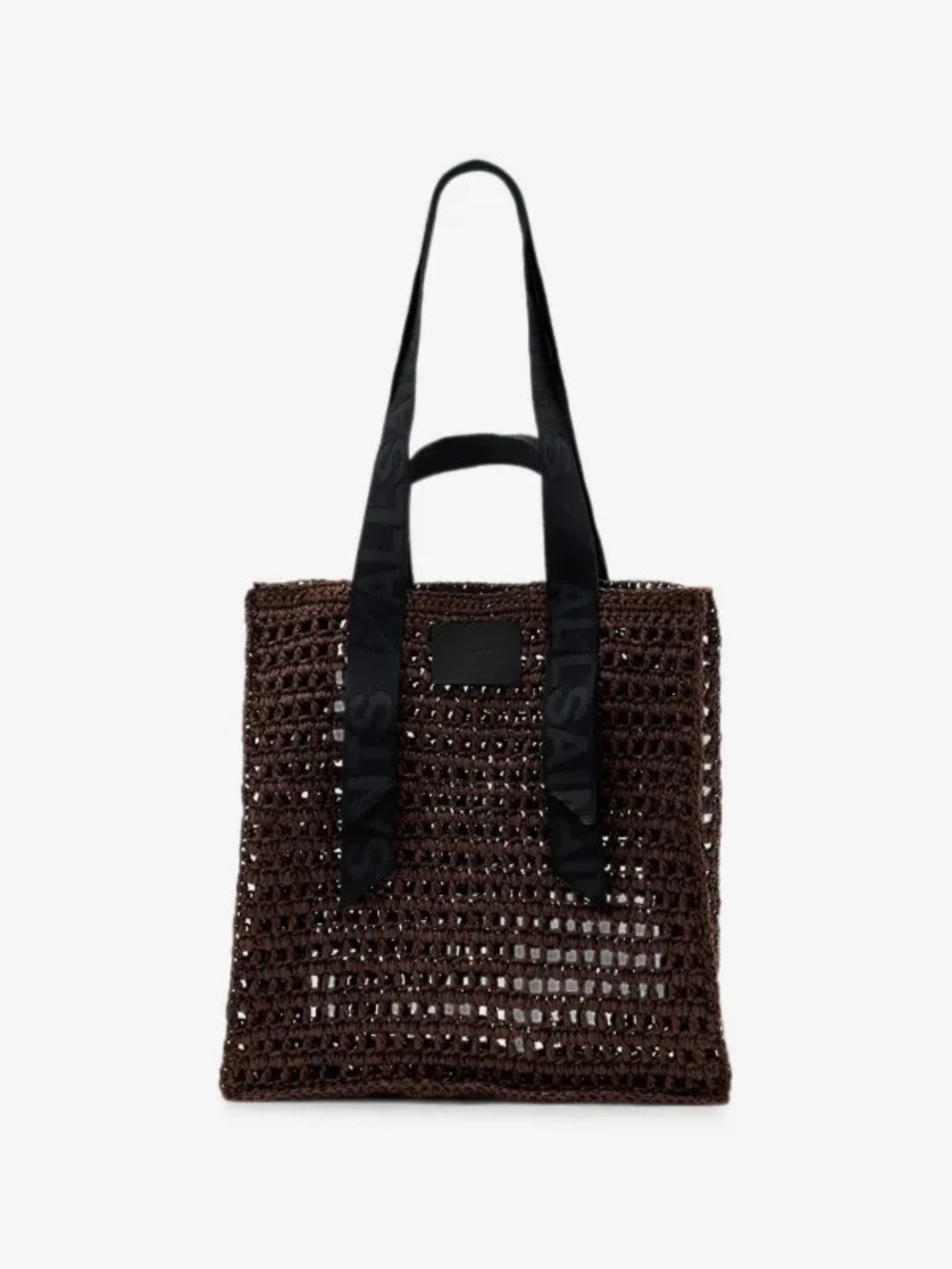 All Saints Woven Crochet Tote Bag with Ribbon Handles - Brown